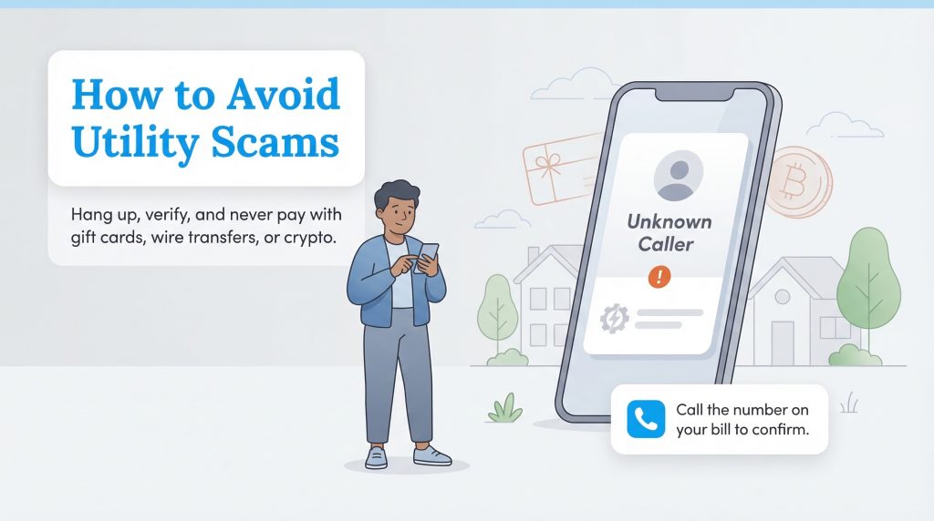 An illustration showing a person using a phone, with pop-ups warning about utility scams.