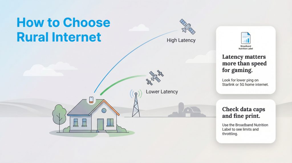 Infographic illustrating high versus low latency rural internet options and advising to check data caps.