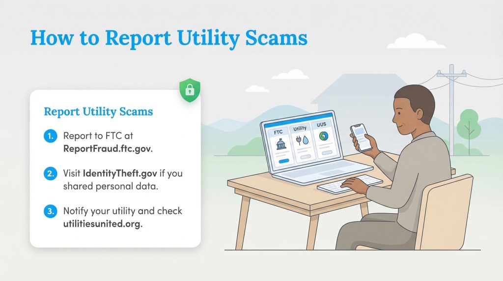Illustration of a man on a laptop and phone, with a three-step guide on reporting utility scams to the FTC, IdentityTheft.gov, and utility companies.