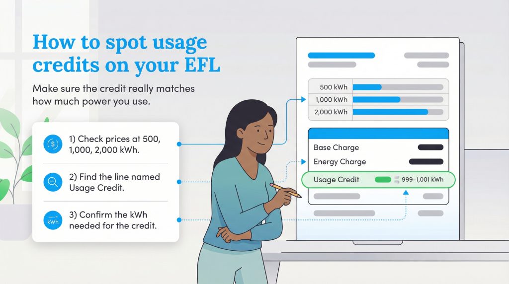 Illustration of a woman comparing an Electricity Facts Label to a usage credit checklist.