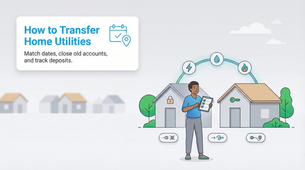 Illustration of a person with a checklist between two houses, representing transferring home utilities.
