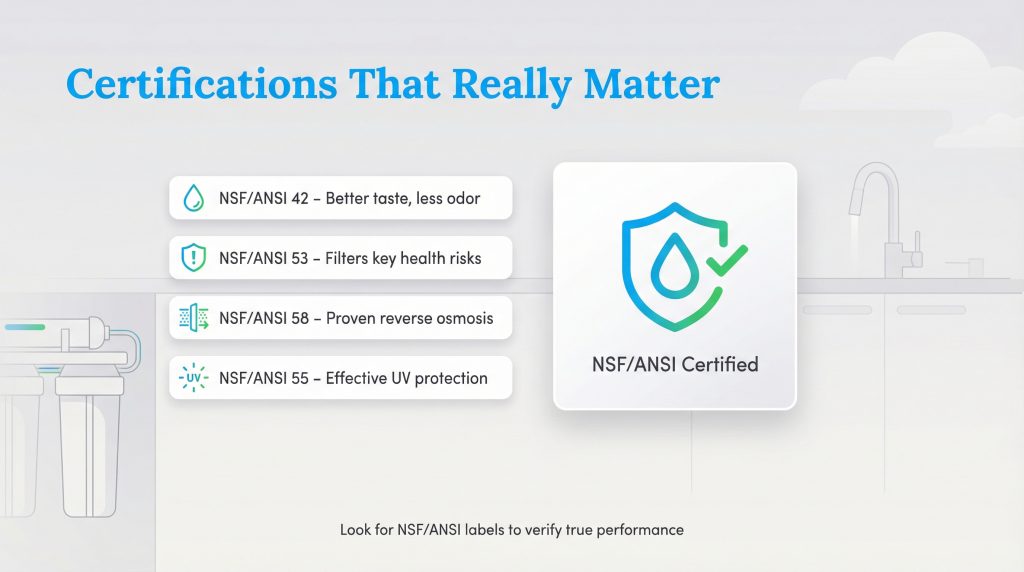 Infographic listing four NSF/ANSI water filter certifications and their benefits.