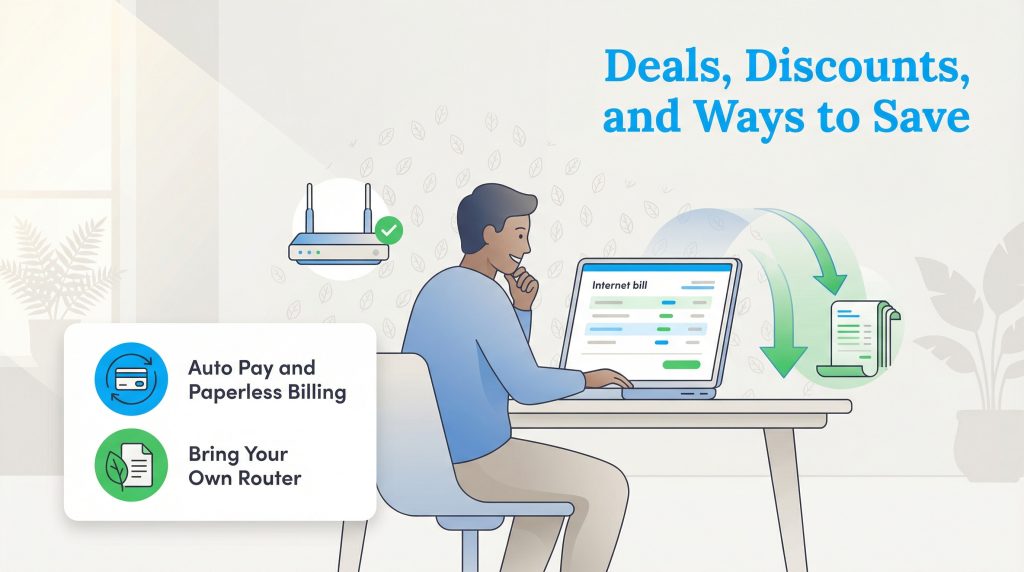 Illustration of a man saving on his internet bill through Auto Pay, Paperless Billing, and using his own router.