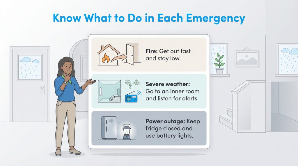 An illustration of a woman pointing to a chart with actions for fire, severe weather, and power outages.