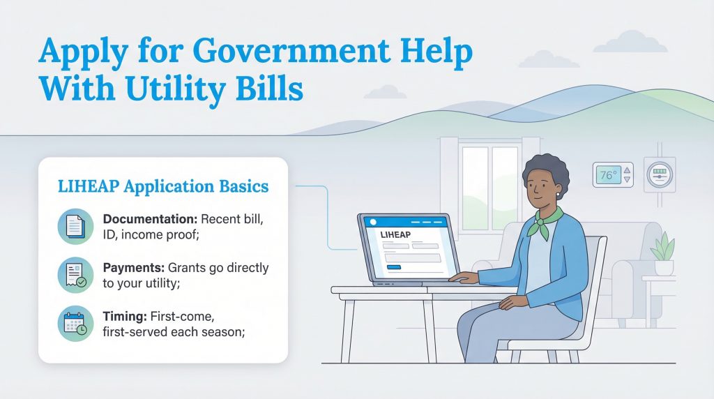 A woman uses a laptop to apply for LIHEAP, with a checklist of documentation, payments, and timing.