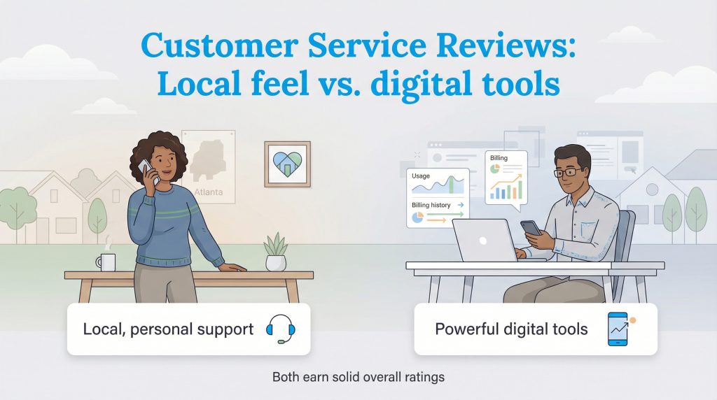 Illustration comparing local personal support via phone with powerful digital tools on a laptop.