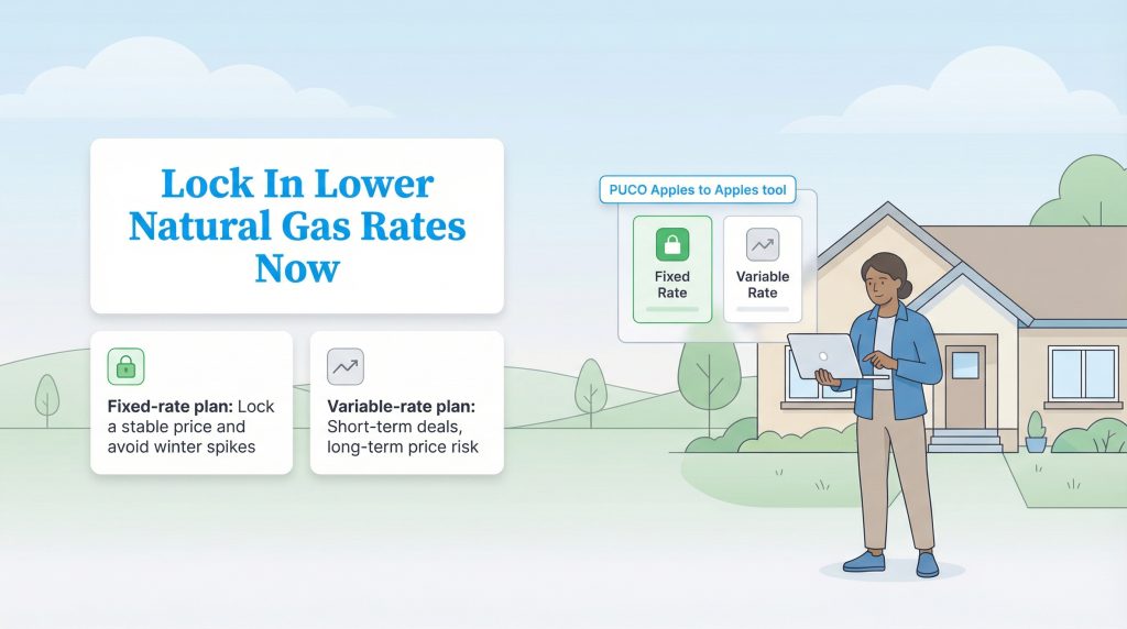 Person on laptop comparing fixed-rate and variable-rate natural gas plans using the PUCO Apples to Apples tool.