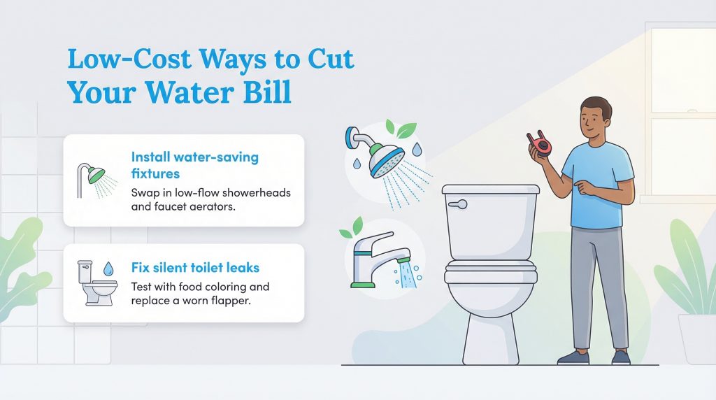 Infographic showing low-cost ways to cut water bills: install water-saving fixtures and fix silent toilet leaks.
