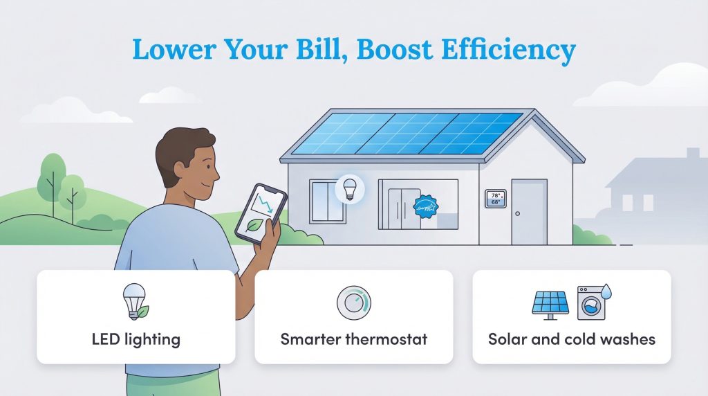 A man and a house with solar panels, with icons for LED lighting, smarter thermostat, and cold washes.