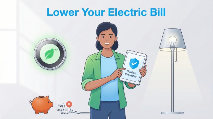 Woman with tablet showing 'Switch Provider', next to smart thermostat and piggy bank.