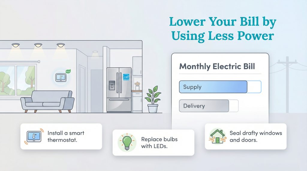 Infographic showing how to lower an electric bill by using less power with smart devices and efficient appliances.