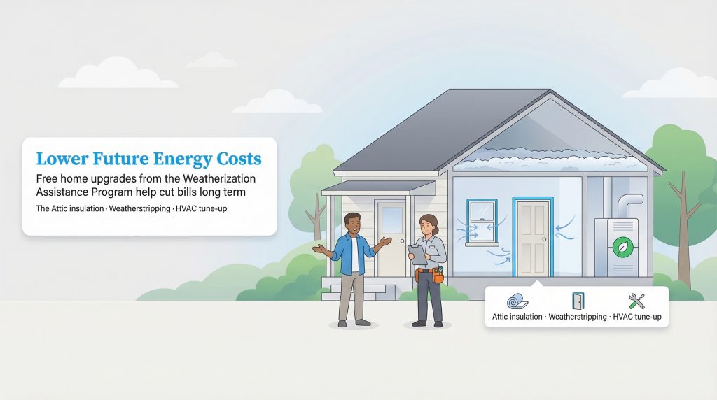Illustration showing home weatherization upgrades like attic insulation, weatherstripping, and HVAC tune-ups.