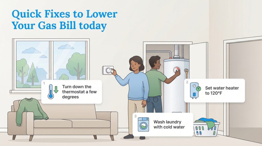 Infographic illustrating three simple actions to lower a home's gas bill.