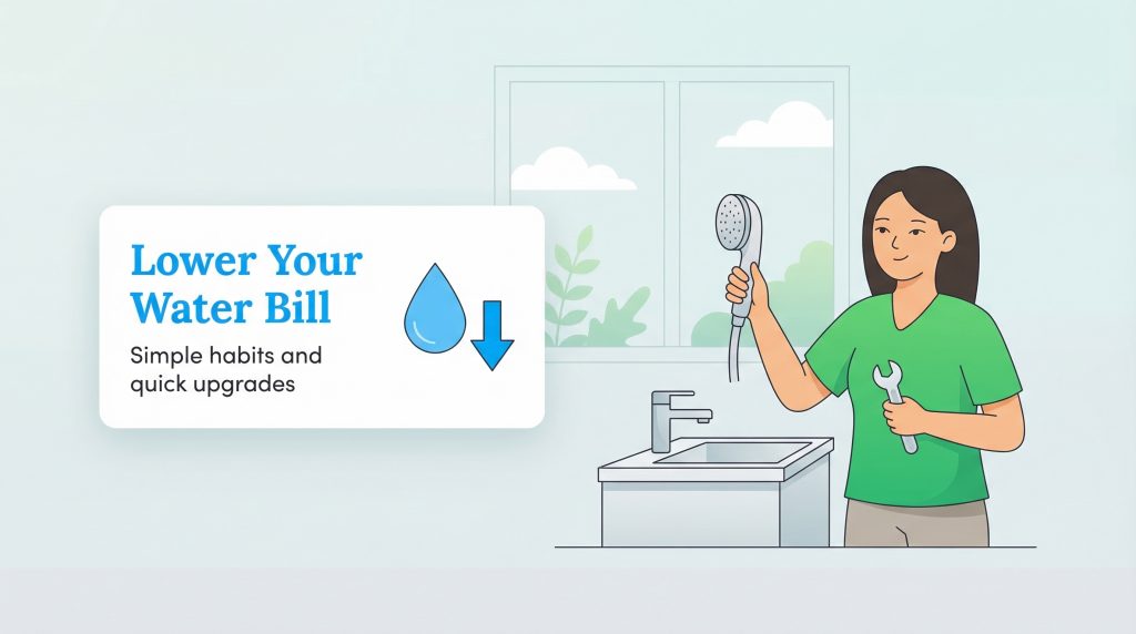 An illustration of a woman holding a showerhead and wrench next to a bathroom sink, with a text box about lowering the water bill.