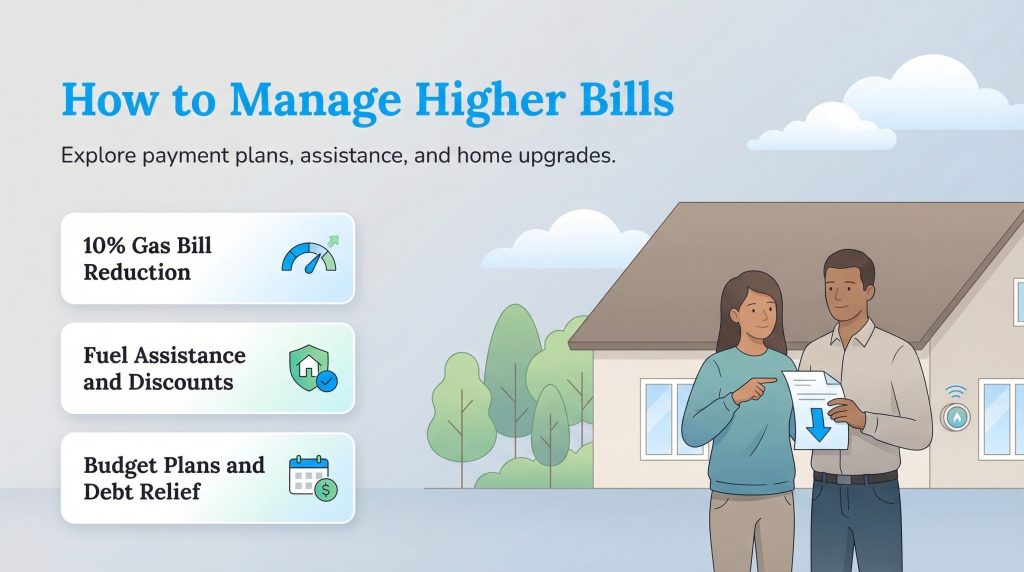 Infographic listing ways to manage higher bills: gas bill reduction, fuel assistance, and budget plans.