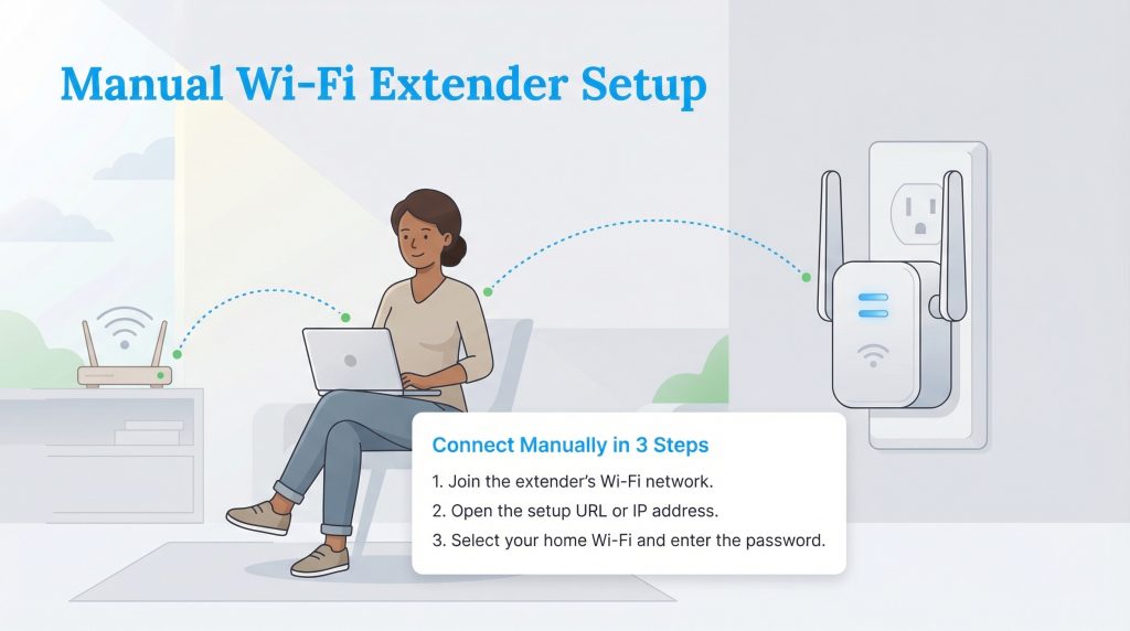 Illustration of a woman using a laptop to manually set up a Wi-Fi extender, with a three-step guide displayed.