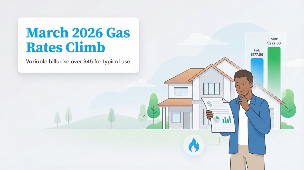 Illustration of a man reviewing a gas bill with a chart showing March 2026 rates increasing from February.