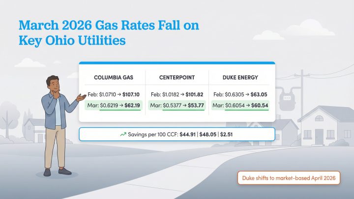 Chart showing March 2026 gas rate decreases for Columbia, CenterPoint, and Duke utilities in Ohio.