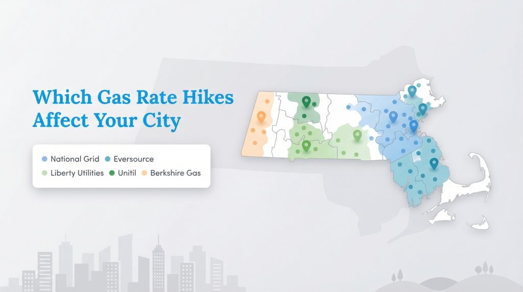 Map of Massachusetts showing the service areas of five different gas companies and which cities they affect with rate hikes.