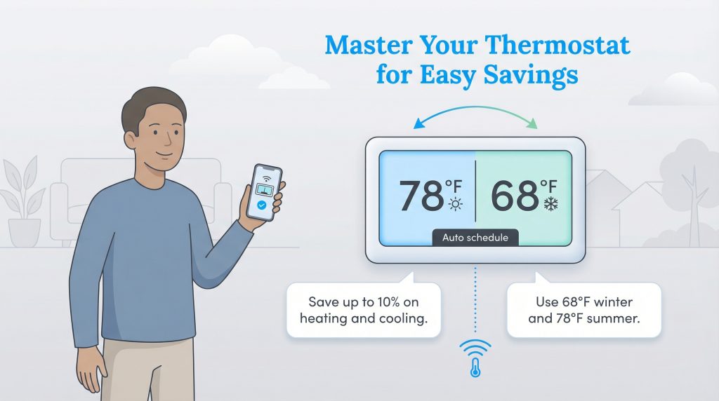 Man with smart thermostat showing 78°F/68°F and tips on saving energy by adjusting temperatures.