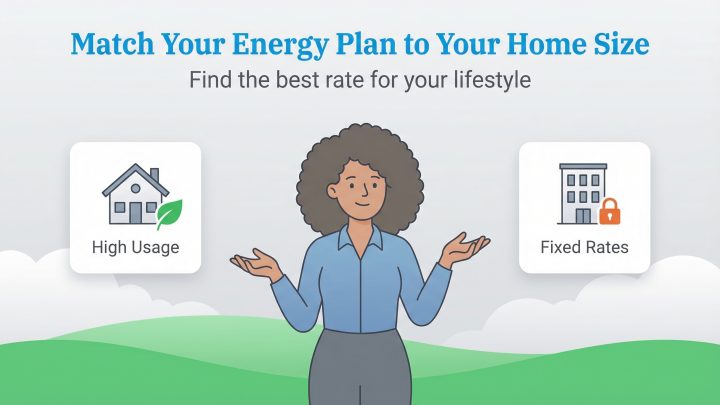 A woman compares High Usage and Fixed Rates energy plans for different home sizes.