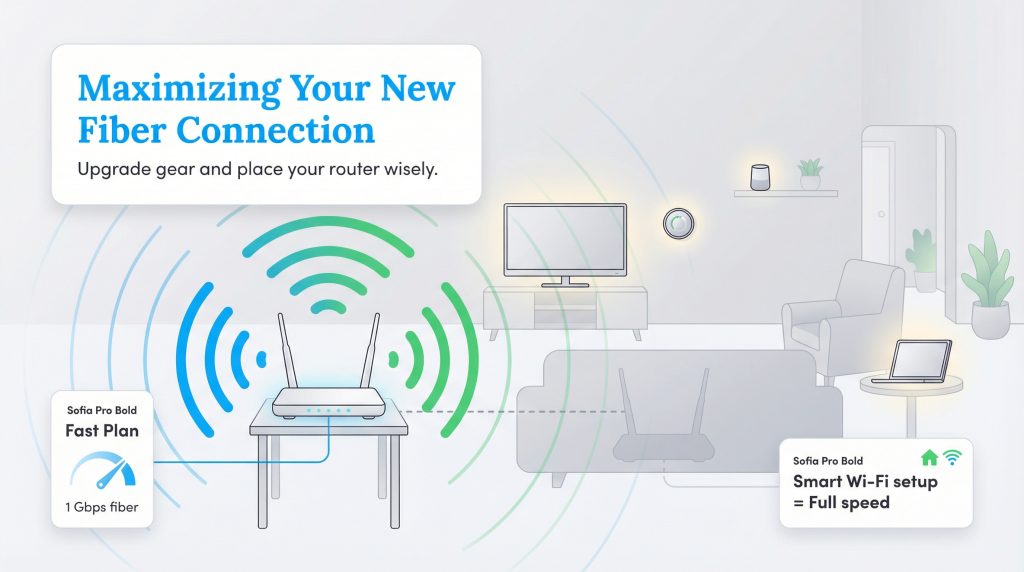 A Wi-Fi router with strong signals in a home, connected to devices like a TV and laptop.