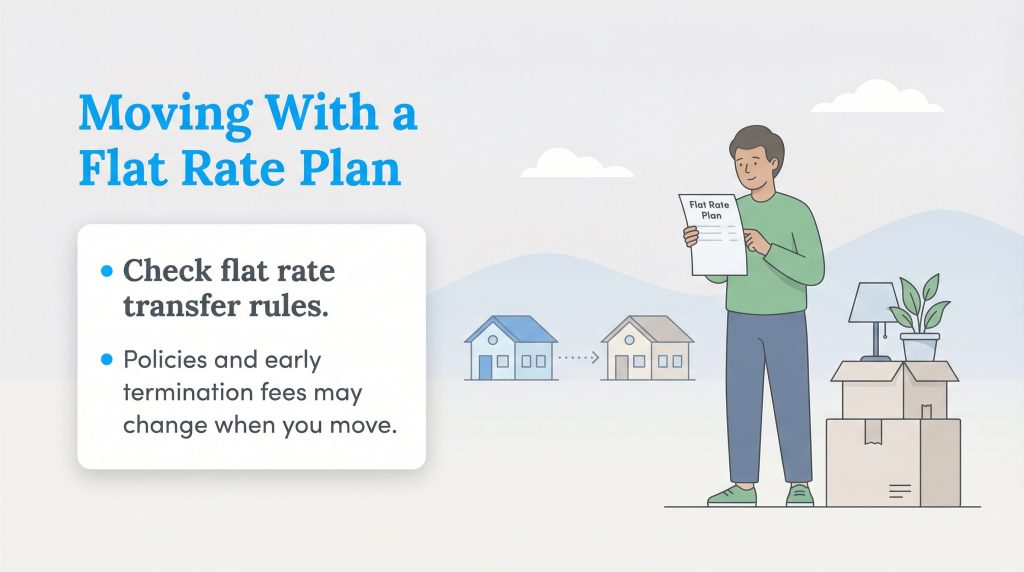 Illustration of a man moving with a flat rate plan; text warns to check transfer rules and fees.