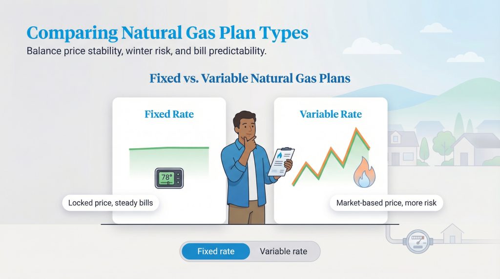 Infographic comparing fixed versus variable natural gas plans, showing stability and risk.