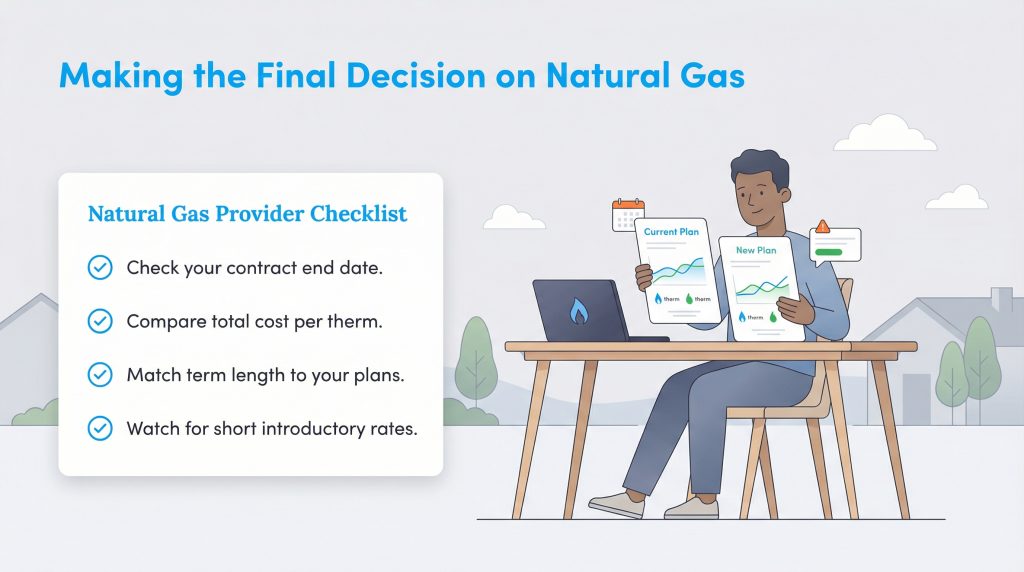 A man compares natural gas plans at a desk, next to a checklist for choosing a provider.