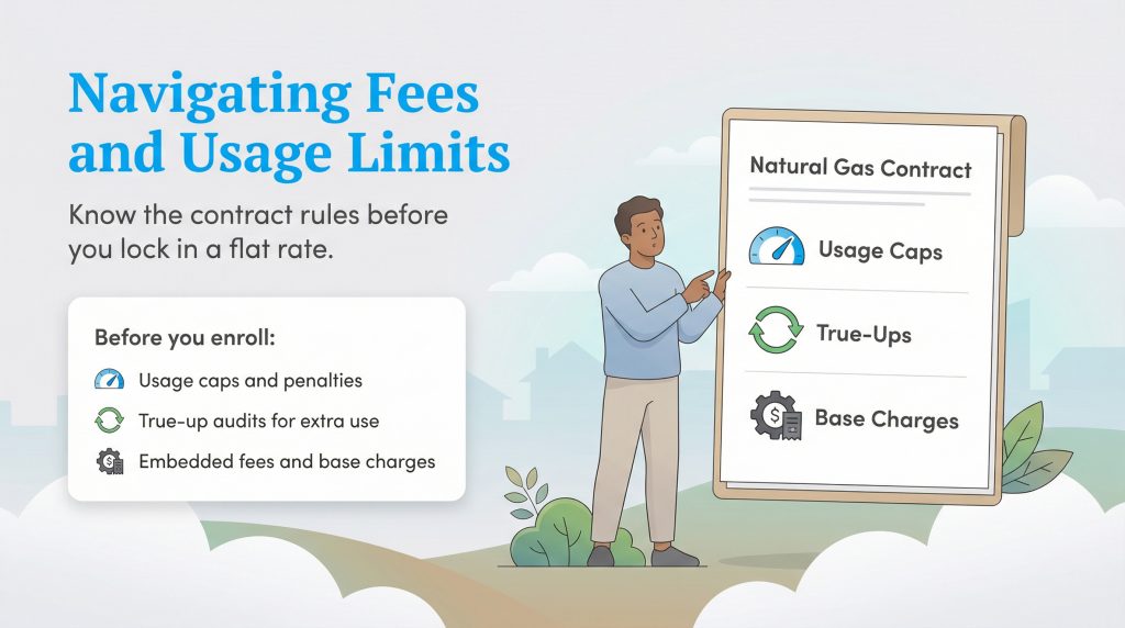 A person points to a natural gas contract highlighting usage caps, true-ups, and base charges.