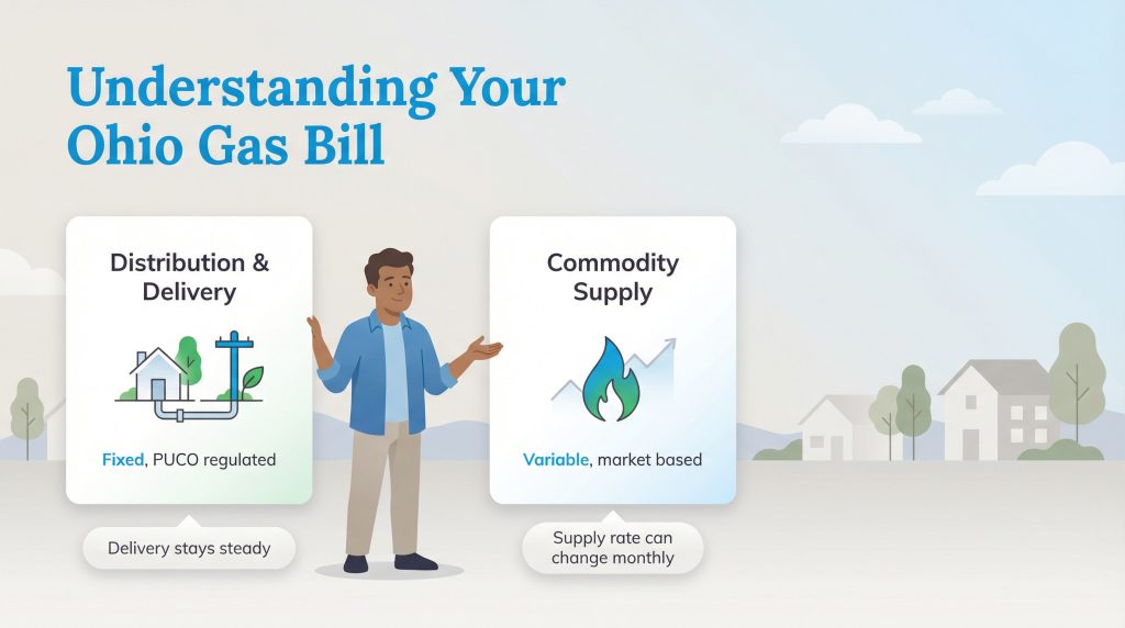 Illustration explaining Ohio gas bills have two parts: fixed Distribution & Delivery and variable Commodity Supply.