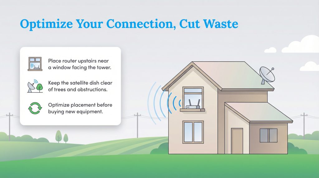 Infographic on optimizing a home internet connection, showing a router in a window and a satellite dish, with three placement and maintenance tips.