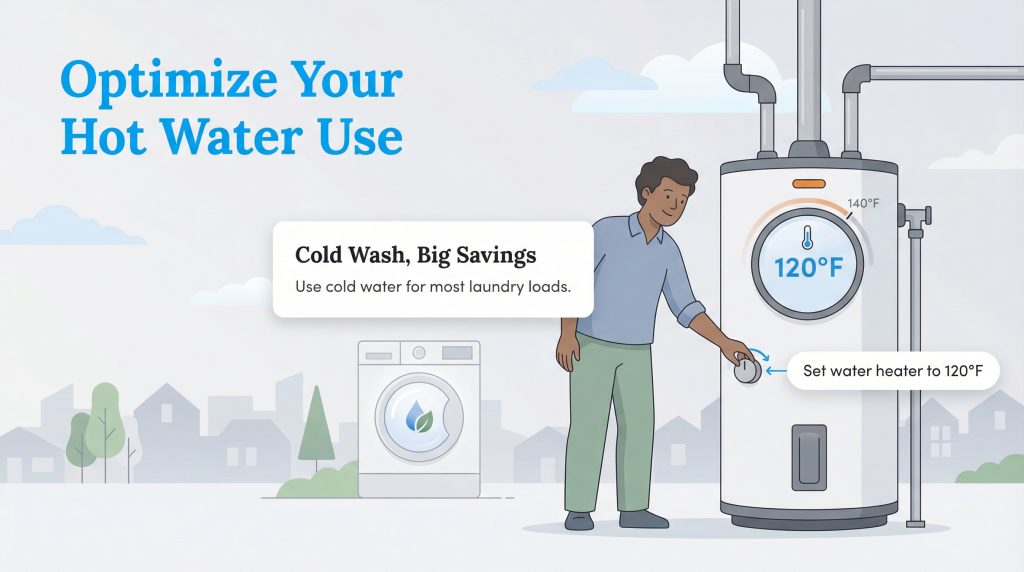 Person sets water heater to 120°F; callout suggests cold water for laundry to save.