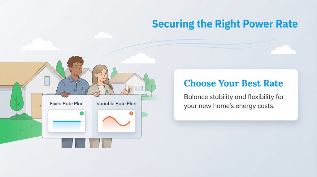 Couple holds sign with fixed and variable rate plan options for their new home's energy costs.