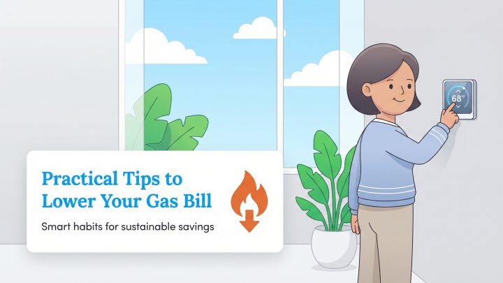 Woman adjusts a thermostat to 68°F, with text 'Practical Tips to Lower Your Gas Bill'.