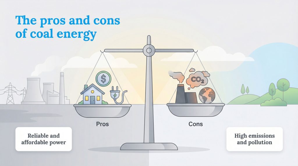 A balance scale shows 'Pros' of coal energy as reliable, affordable power and 'Cons' as high emissions, pollution.