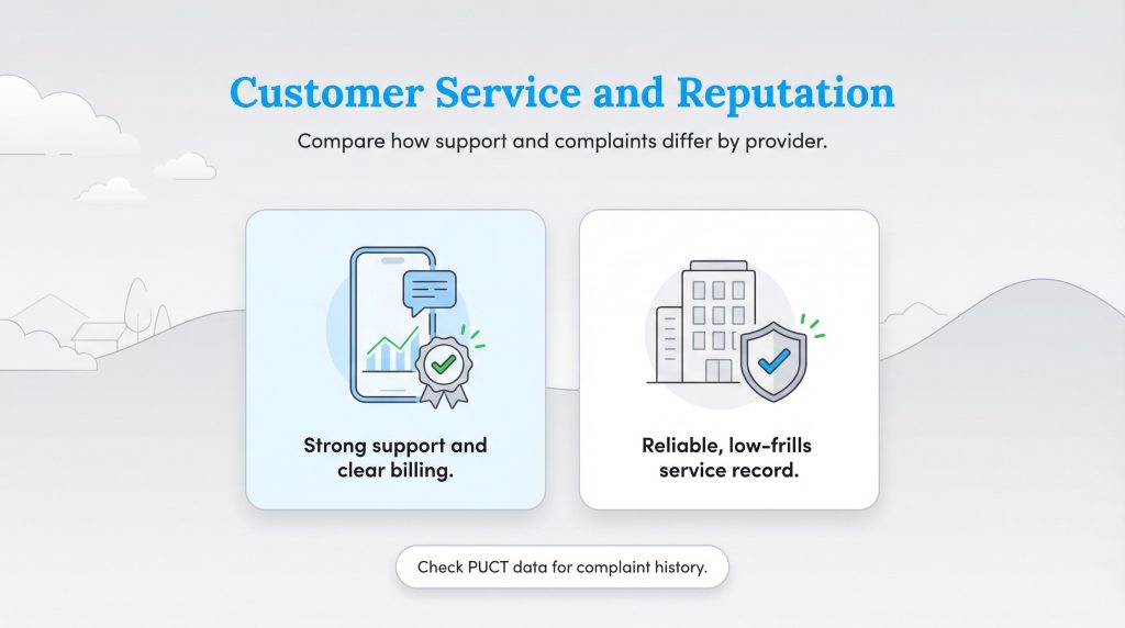 Comparison of strong support and clear billing versus a reliable, low-frills service record.