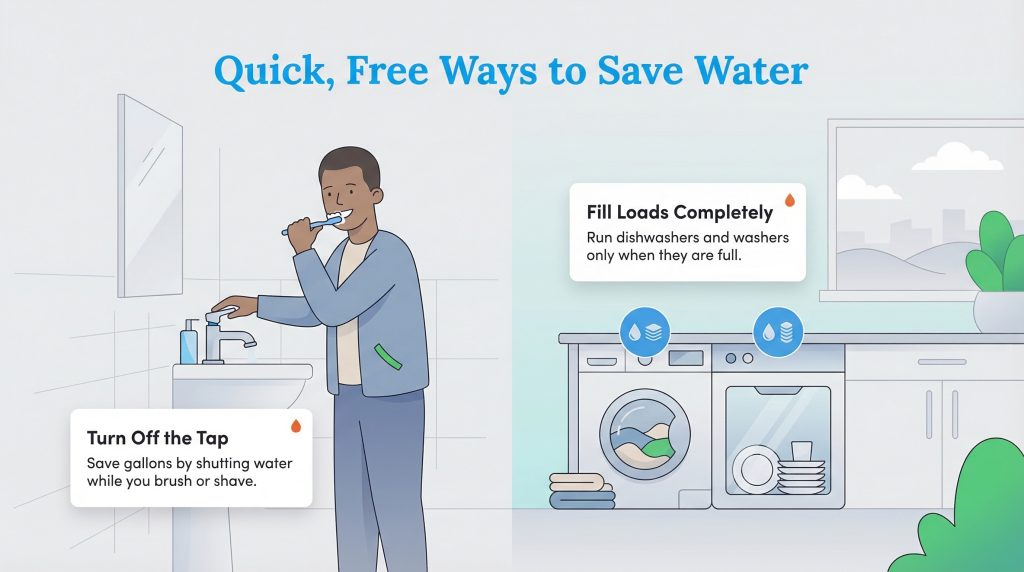 Illustration showing a man turning off a faucet while brushing and a full washing machine and dishwasher.