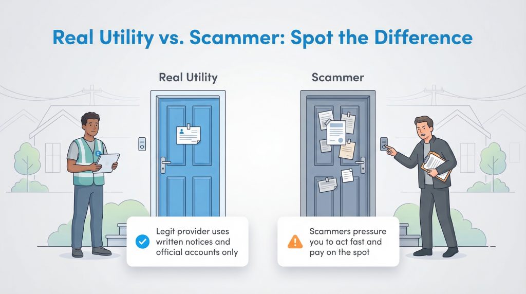Infographic: Real utility workers use written notices; scammers pressure for immediate payment.