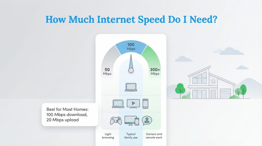 Infographic showing 100 Mbps as best for most homes, 50 Mbps for light use, and 300+ Mbps for heavy use.