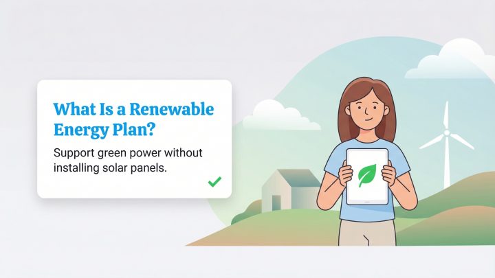 Illustration of a woman holding a tablet about renewable energy plans, with a wind turbine and house in the background.