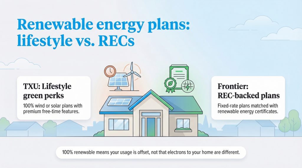 Infographic comparing TXU's lifestyle green perks and Frontier's REC-backed renewable energy plans.