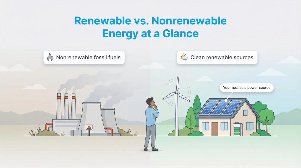 Illustration showing a polluting factory and a house with clean solar and wind power.