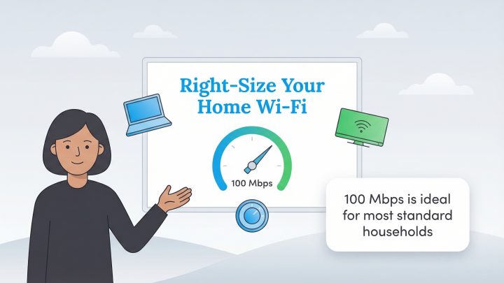 Illustration of a woman presenting a graphic suggesting 100 Mbps is the ideal Wi-Fi speed for most households.