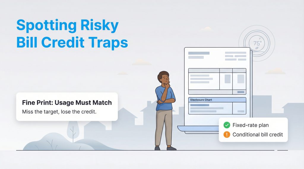 Illustration warning about risky conditional energy bill credits hidden in fine print.