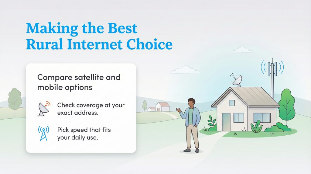 Infographic showing a man outside a rural home with a satellite dish and cell tower, illustrating tips for choosing rural internet.