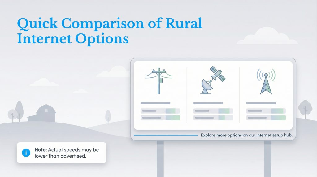A graphic comparing utility pole, satellite, and cell tower rural internet options with a note about speeds.