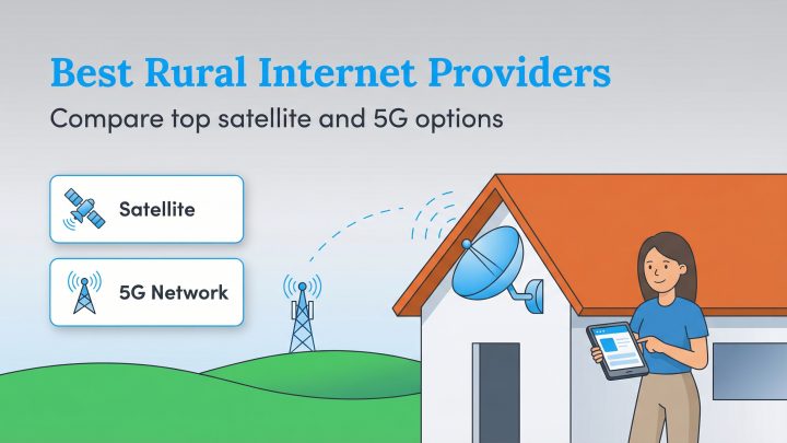Illustration comparing Satellite and 5G Network rural internet options, showing a woman at a house with both technologies.