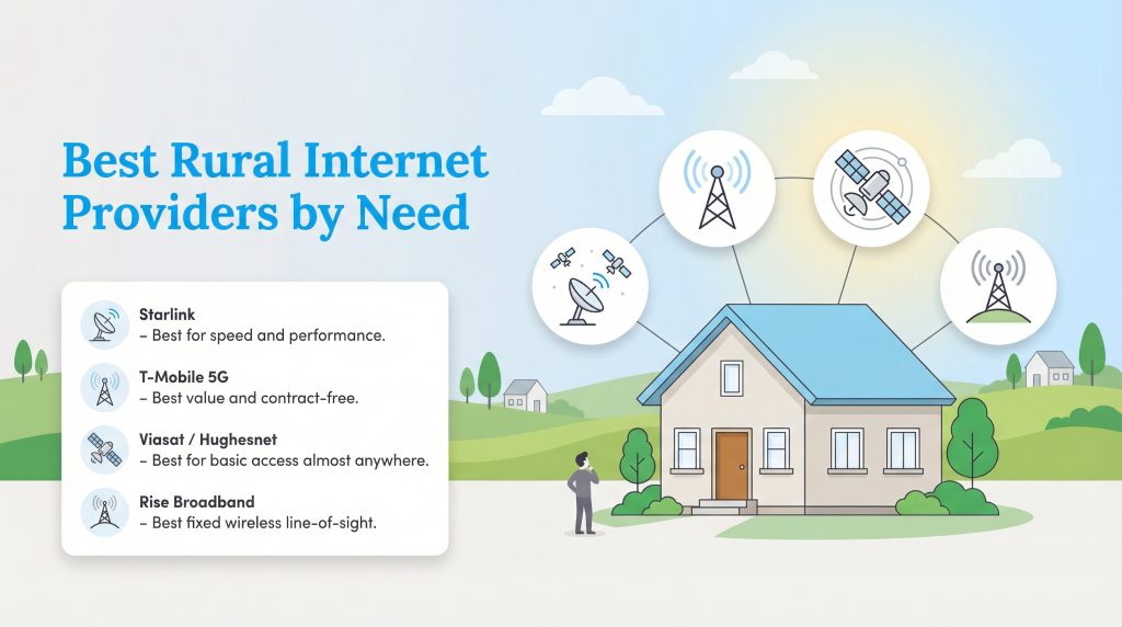 Infographic illustrating rural internet options: Starlink for speed, T-Mobile 5G for value, Viasat/Hughesnet for basic access, and Rise Broadband for fixed wireless.