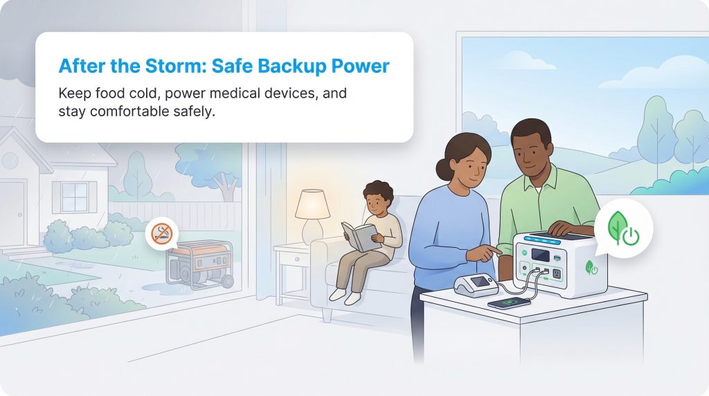 A family uses a safe portable power station indoors, contrasting with an outdoor gas generator.